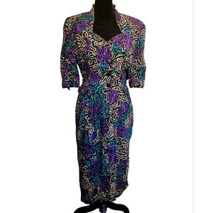 Joni Blair 80s Stylized Floral Dress Button Front Pockets Vintage Size 5